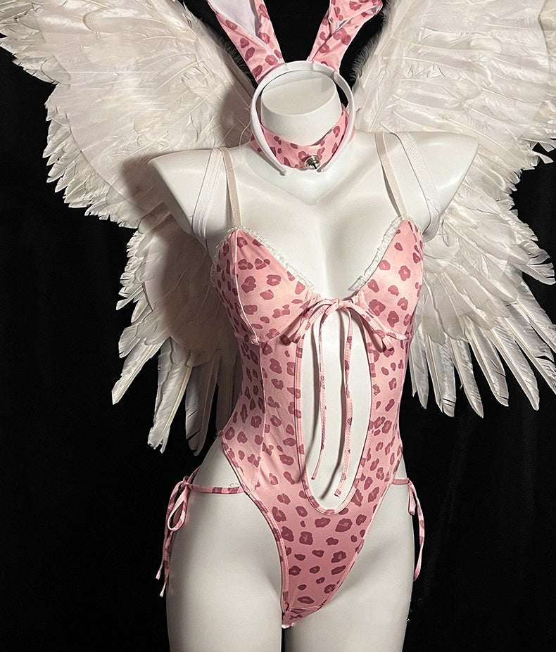 Pink leopard print bunny girl lingerie, sexy open-crotch one-piece uniform, passionate and seductive role-playing set