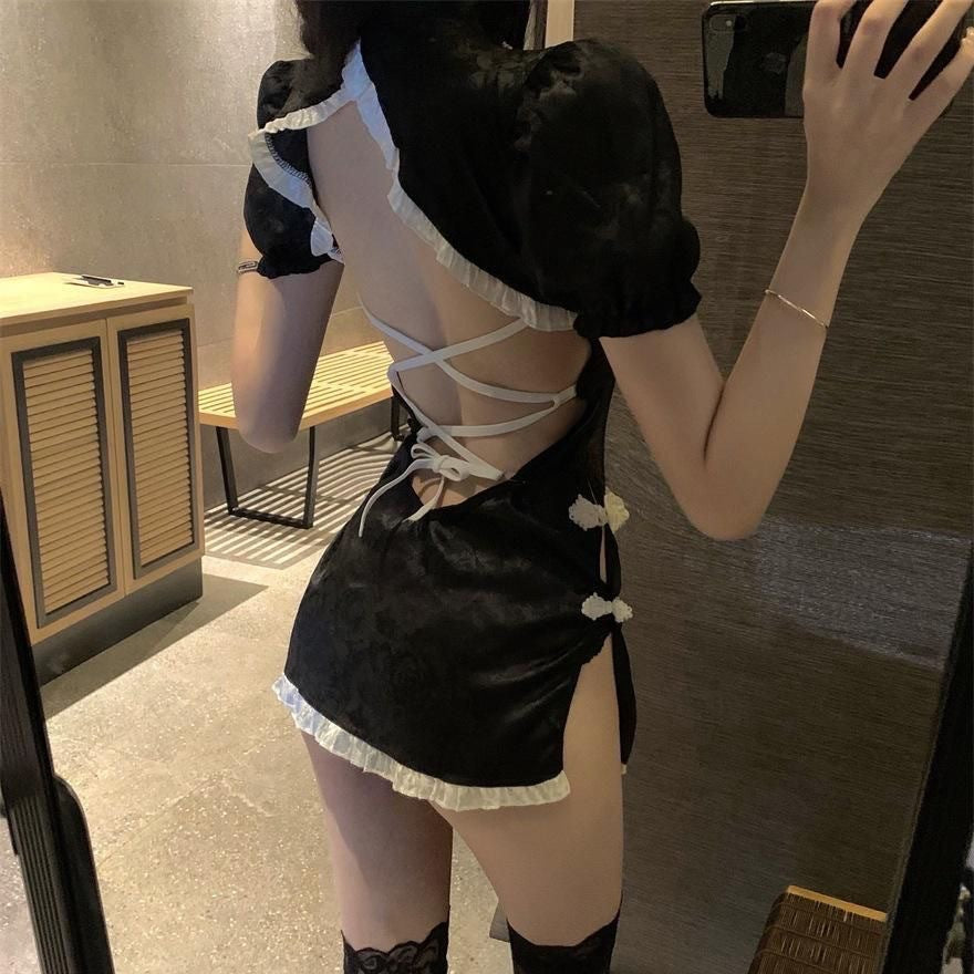Ancient-style Chinese cheongsam, backless and see-through, lace-up and hip-hugging uniform, hot and romantic underwear skirt
