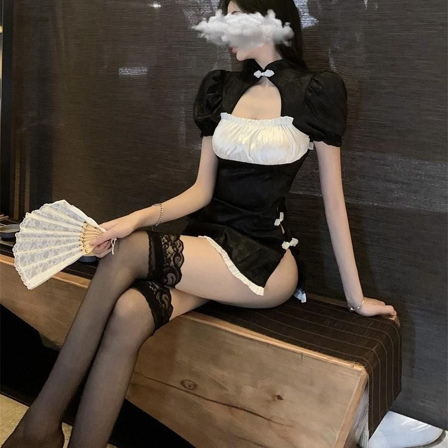 Ancient-style Chinese cheongsam, backless and see-through, lace-up and hip-hugging uniform, hot and romantic underwear skirt