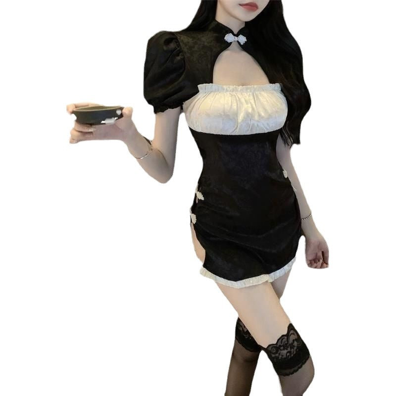 Ancient-style Chinese cheongsam, backless and see-through, lace-up and hip-hugging uniform, hot and romantic underwear skirt