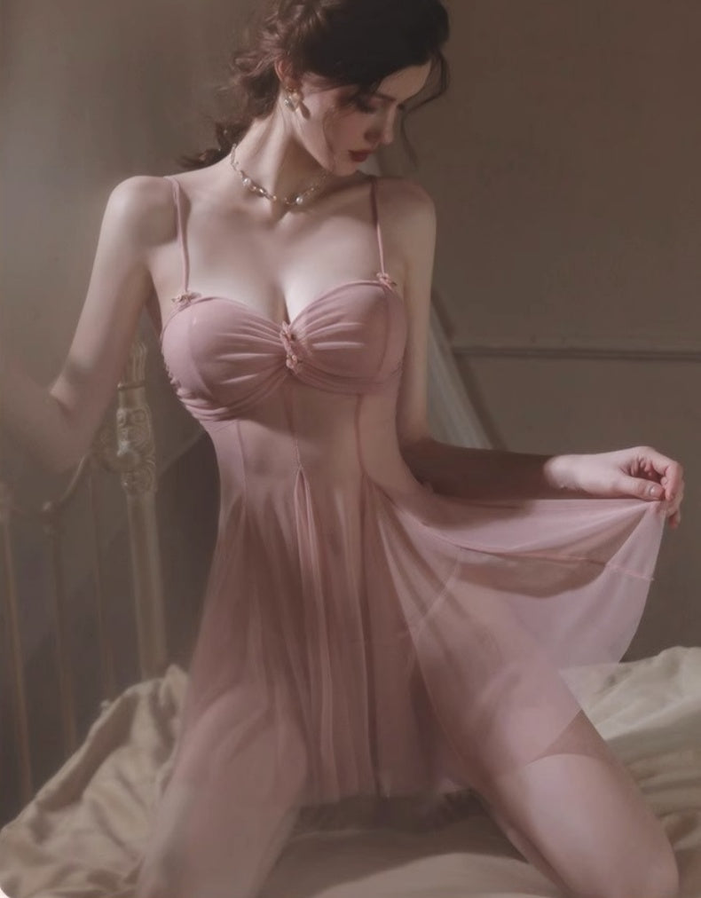 Floral lace halter sexy nightgown, thin ice silk alluring high-end romantic underwear(Pink)