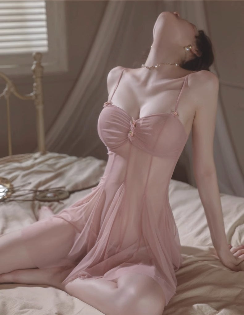 Floral lace halter sexy nightgown, thin ice silk alluring high-end romantic underwear(Pink)