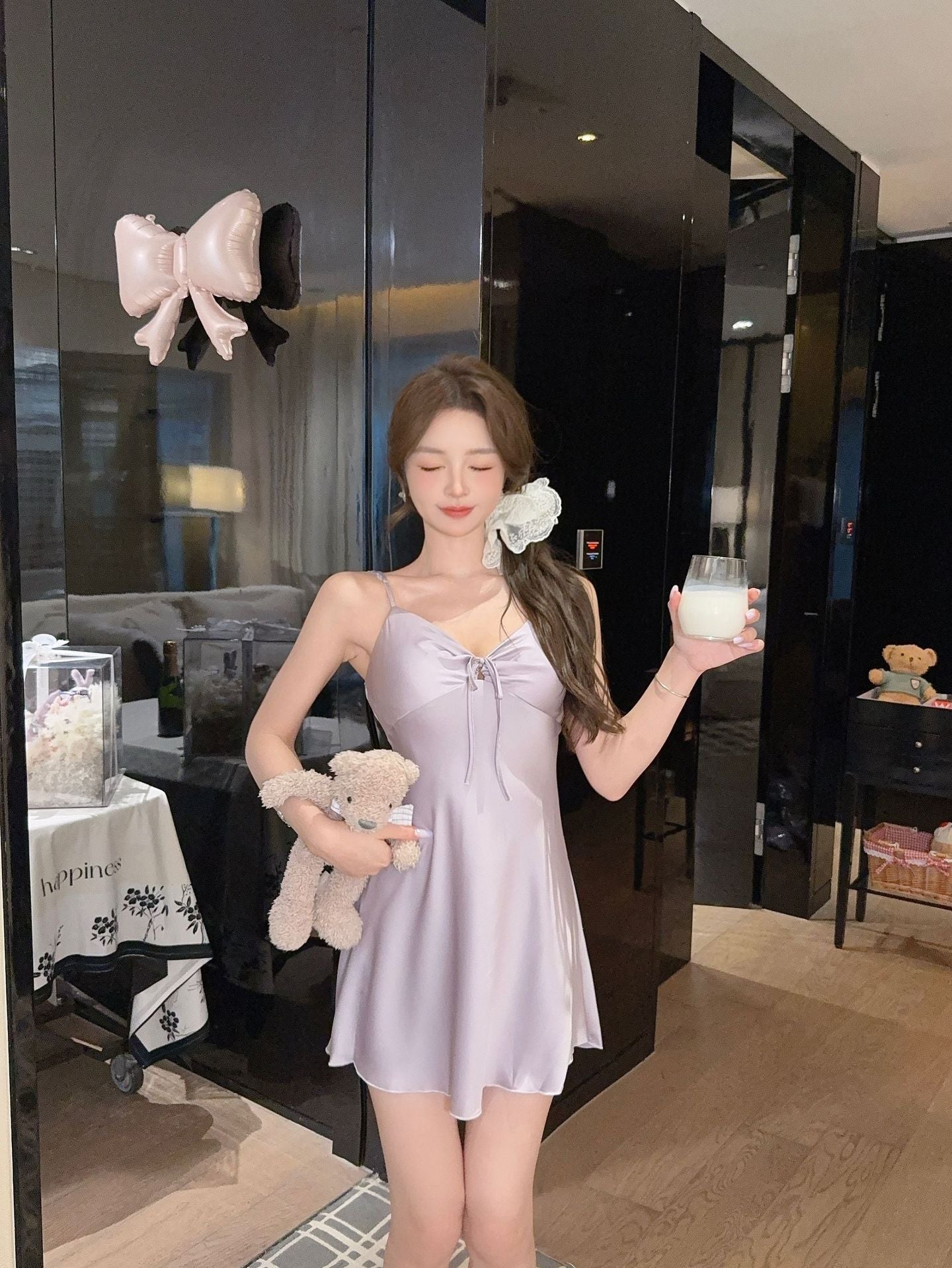 Taro Purple Satin Nightgown Cami Dress with Chest Bow Silky Sleepwear