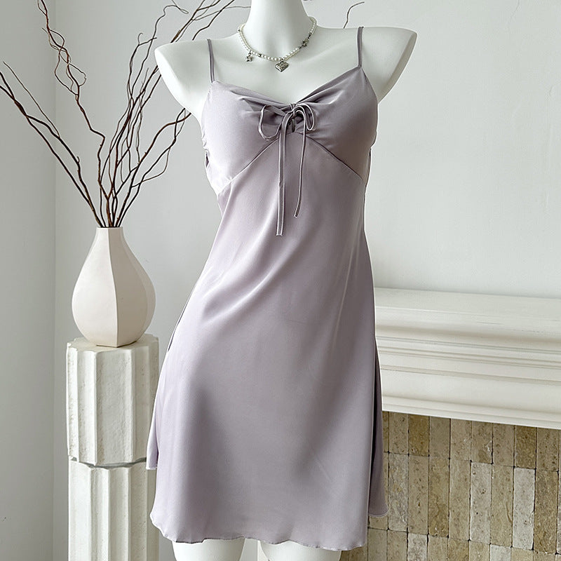 Taro Purple Satin Nightgown Cami Dress with Chest Bow Silky Sleepwear