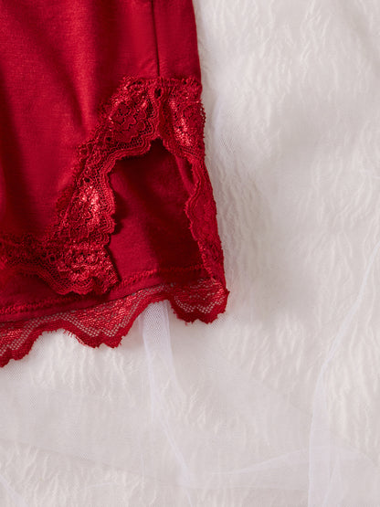 Sexy Red Sleepwear Set Lace Cami with Pads Shorts with Ruffle Hem Bow Detail (Red)