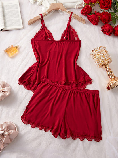 Sexy Red Sleepwear Set Lace Cami with Pads Shorts with Ruffle Hem Bow Detail (Red)