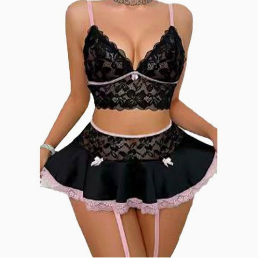 Black and pink small bow sweet and sexy hollowed-out halter top and shorts, a two-piece set of home wear