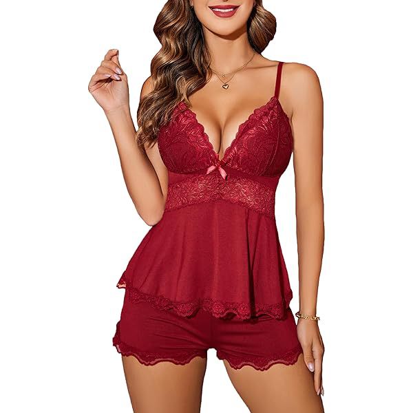 Sexy Red Sleepwear Set Lace Cami with Pads Shorts with Ruffle Hem Bow Detail (Red)