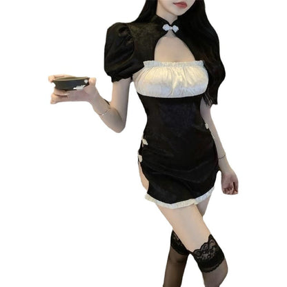 Ancient-style Chinese cheongsam, backless and see-through, lace-up and hip-hugging uniform, hot and romantic underwear skirt