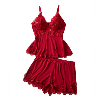 Sexy Red Sleepwear Set Lace Cami with Pads Shorts with Ruffle Hem Bow Detail (Red)