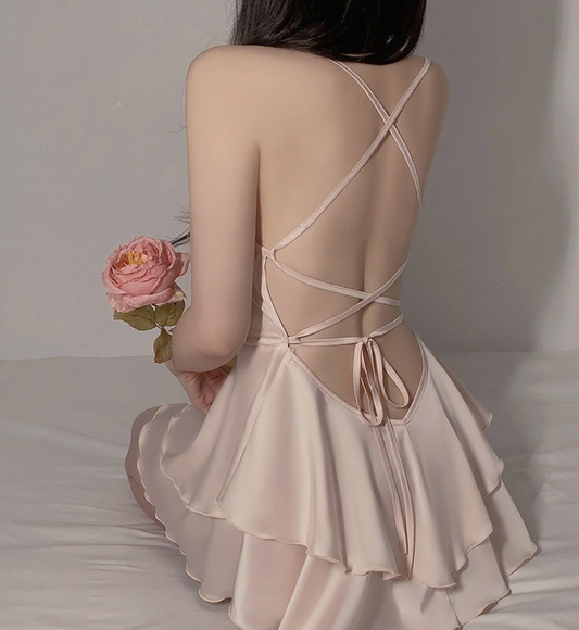 Light Pink Satin Cross - Strap Nightdress (Pink)