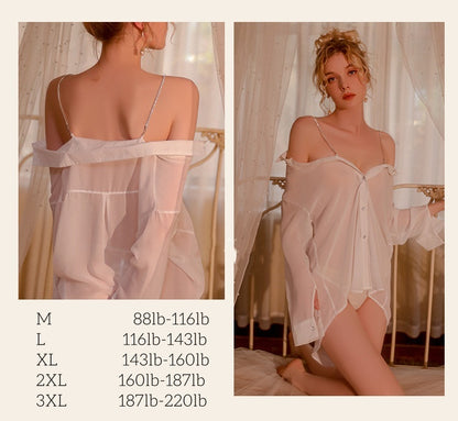 Rhinestone See-Through Lingerie - Silky Boyfriend Shirt Nightgown, Cute & Seductive Uniform (White)