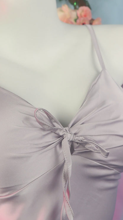 Taro Purple Satin Nightgown Cami Dress with Chest Bow Silky Sleepwear